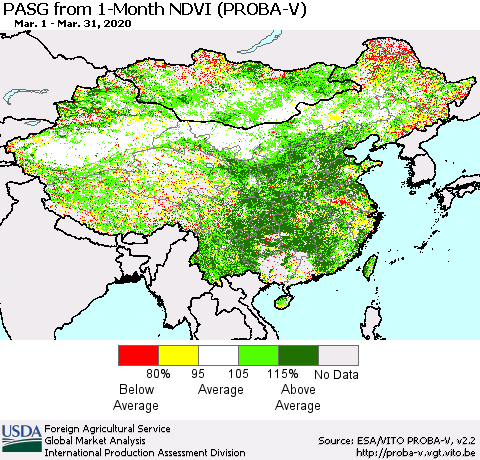 China, Mongolia and Taiwan PASG from 1-Month NDVI (PROBA-V) Thematic Map For 3/21/2020 - 3/31/2020
