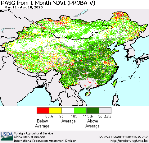 China, Mongolia and Taiwan PASG from 1-Month NDVI (PROBA-V) Thematic Map For 4/1/2020 - 4/10/2020