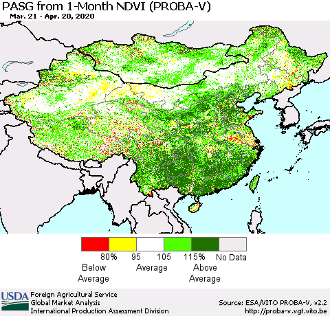 China, Mongolia and Taiwan PASG from 1-Month NDVI (PROBA-V) Thematic Map For 4/11/2020 - 4/20/2020