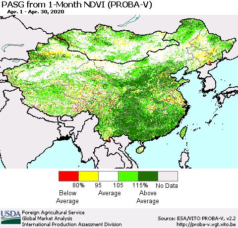 China, Mongolia and Taiwan PASG from 1-Month NDVI (PROBA-V) Thematic Map For 4/21/2020 - 4/30/2020