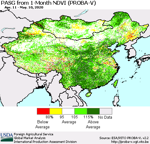 China, Mongolia and Taiwan PASG from 1-Month NDVI (PROBA-V) Thematic Map For 5/1/2020 - 5/10/2020
