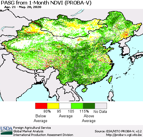 China, Mongolia and Taiwan PASG from 1-Month NDVI (PROBA-V) Thematic Map For 5/11/2020 - 5/20/2020