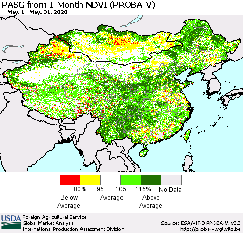 China, Mongolia and Taiwan PASG from 1-Month NDVI (PROBA-V) Thematic Map For 5/21/2020 - 5/31/2020