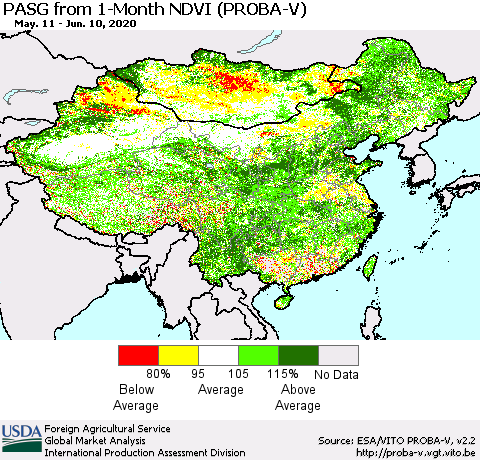 China, Mongolia and Taiwan PASG from 1-Month NDVI (PROBA-V) Thematic Map For 6/1/2020 - 6/10/2020