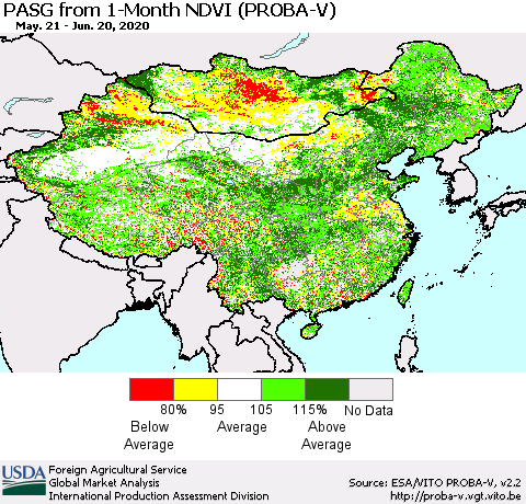 China, Mongolia and Taiwan PASG from 1-Month NDVI (PROBA-V) Thematic Map For 6/11/2020 - 6/20/2020