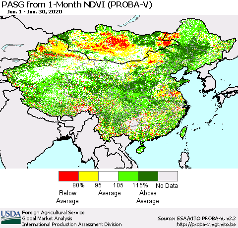 China, Mongolia and Taiwan PASG from 1-Month NDVI (PROBA-V) Thematic Map For 6/21/2020 - 6/30/2020