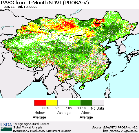 China, Mongolia and Taiwan PASG from 1-Month NDVI (PROBA-V) Thematic Map For 7/1/2020 - 7/10/2020
