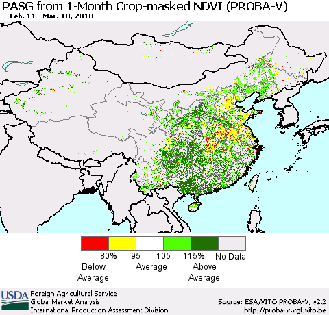 China, Mongolia and Taiwan PASG from 1-Month Crop-masked NDVI (PROBA-V) Thematic Map For 3/1/2018 - 3/10/2018
