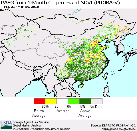 China, Mongolia and Taiwan PASG from 1-Month Crop-masked NDVI (PROBA-V) Thematic Map For 3/11/2018 - 3/20/2018