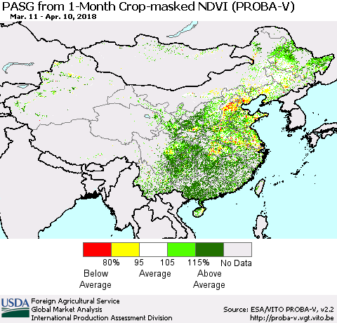 China, Mongolia and Taiwan PASG from 1-Month Crop-masked NDVI (PROBA-V) Thematic Map For 4/1/2018 - 4/10/2018