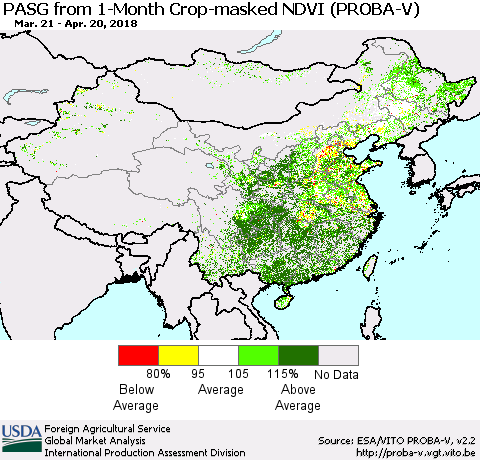 China, Mongolia and Taiwan PASG from 1-Month Crop-masked NDVI (PROBA-V) Thematic Map For 4/11/2018 - 4/20/2018