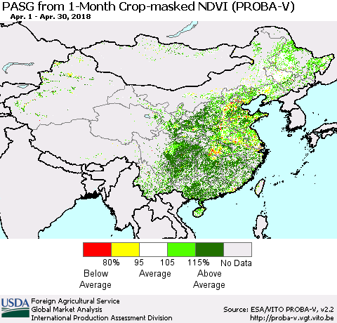 China, Mongolia and Taiwan PASG from 1-Month Crop-masked NDVI (PROBA-V) Thematic Map For 4/21/2018 - 4/30/2018