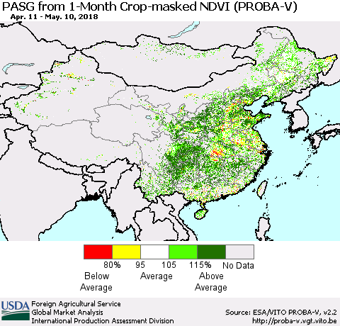 China, Mongolia and Taiwan PASG from 1-Month Crop-masked NDVI (PROBA-V) Thematic Map For 5/1/2018 - 5/10/2018