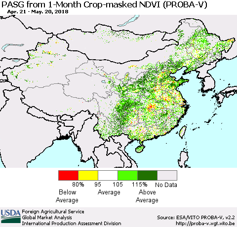 China, Mongolia and Taiwan PASG from 1-Month Crop-masked NDVI (PROBA-V) Thematic Map For 5/11/2018 - 5/20/2018