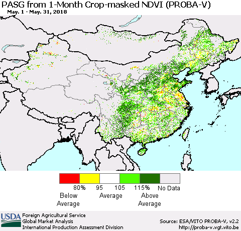 China, Mongolia and Taiwan PASG from 1-Month Crop-masked NDVI (PROBA-V) Thematic Map For 5/21/2018 - 5/31/2018