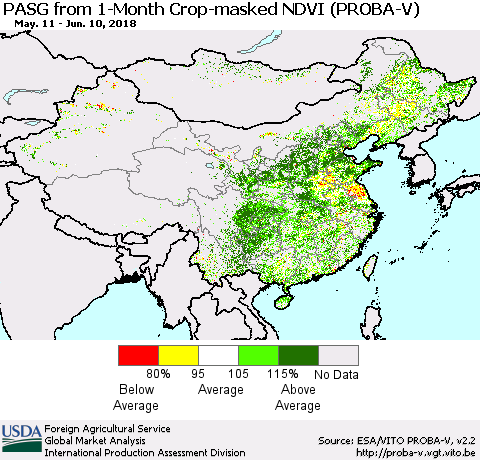 China, Mongolia and Taiwan PASG from 1-Month Crop-masked NDVI (PROBA-V) Thematic Map For 6/1/2018 - 6/10/2018