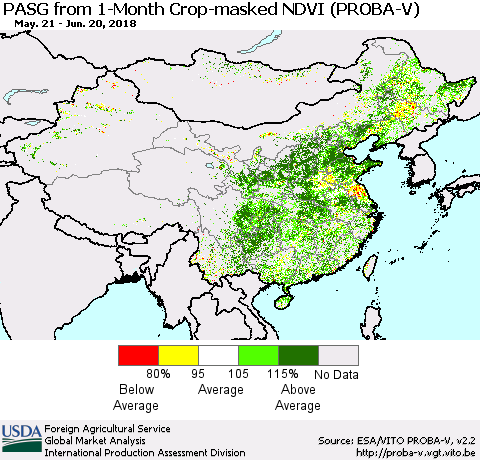 China, Mongolia and Taiwan PASG from 1-Month Crop-masked NDVI (PROBA-V) Thematic Map For 6/11/2018 - 6/20/2018