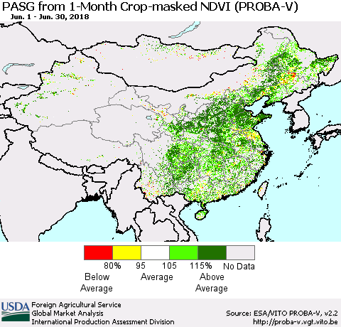 China, Mongolia and Taiwan PASG from 1-Month Crop-masked NDVI (PROBA-V) Thematic Map For 6/21/2018 - 6/30/2018