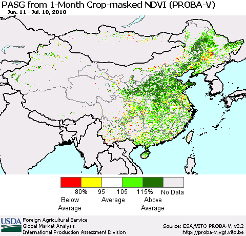 China, Mongolia and Taiwan PASG from 1-Month Crop-masked NDVI (PROBA-V) Thematic Map For 7/1/2018 - 7/10/2018