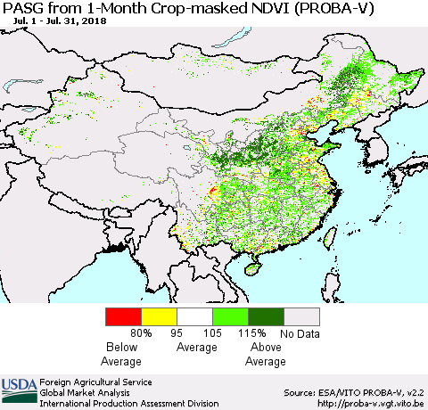 China, Mongolia and Taiwan PASG from 1-Month Crop-masked NDVI (PROBA-V) Thematic Map For 7/21/2018 - 7/31/2018