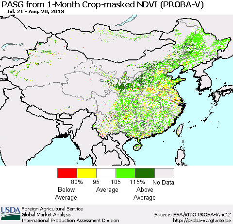 China, Mongolia and Taiwan PASG from 1-Month Crop-masked NDVI (PROBA-V) Thematic Map For 8/11/2018 - 8/20/2018