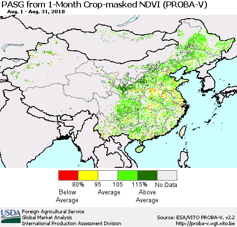 China, Mongolia and Taiwan PASG from 1-Month Crop-masked NDVI (PROBA-V) Thematic Map For 8/21/2018 - 8/31/2018