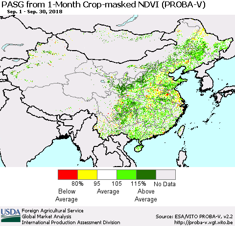 China and Taiwan PASG from 1-Month Crop-masked NDVI (PROBA-V) Thematic Map For 9/21/2018 - 9/30/2018