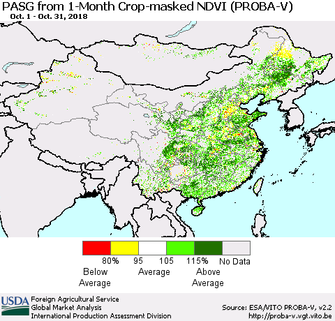 China and Taiwan PASG from 1-Month Crop-masked NDVI (PROBA-V) Thematic Map For 10/21/2018 - 10/31/2018