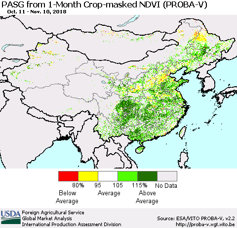 China and Taiwan PASG from 1-Month Crop-masked NDVI (PROBA-V) Thematic Map For 11/1/2018 - 11/10/2018