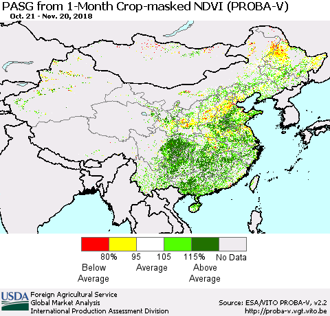 China and Taiwan PASG from 1-Month Crop-masked NDVI (PROBA-V) Thematic Map For 11/11/2018 - 11/20/2018