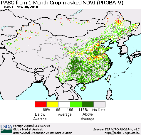China and Taiwan PASG from 1-Month Crop-masked NDVI (PROBA-V) Thematic Map For 11/21/2018 - 11/30/2018