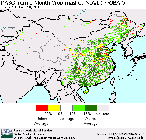 China and Taiwan PASG from 1-Month Crop-masked NDVI (PROBA-V) Thematic Map For 12/1/2018 - 12/10/2018