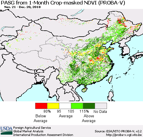 China and Taiwan PASG from 1-Month Crop-masked NDVI (PROBA-V) Thematic Map For 12/11/2018 - 12/20/2018