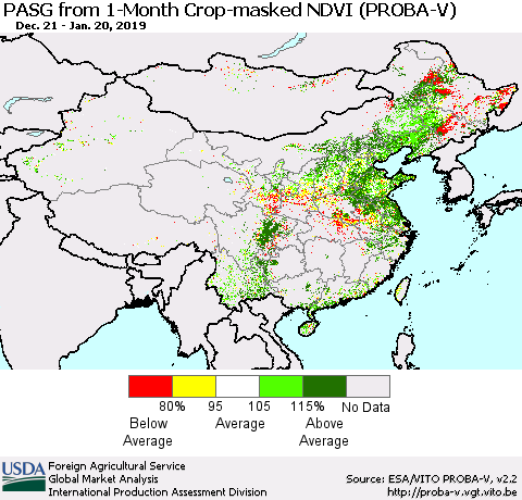 China and Taiwan PASG from 1-Month Crop-masked NDVI (PROBA-V) Thematic Map For 1/11/2019 - 1/20/2019