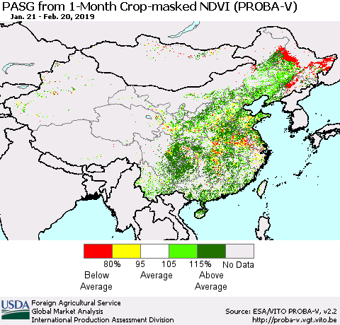 China, Mongolia and Taiwan PASG from 1-Month Crop-masked NDVI (PROBA-V) Thematic Map For 2/11/2019 - 2/20/2019