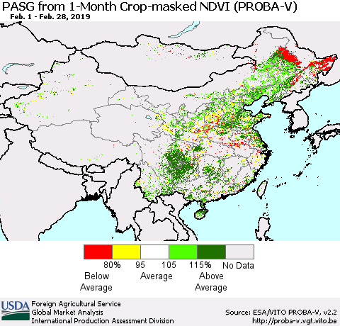 China and Taiwan PASG from 1-Month Crop-masked NDVI (PROBA-V) Thematic Map For 2/21/2019 - 2/28/2019