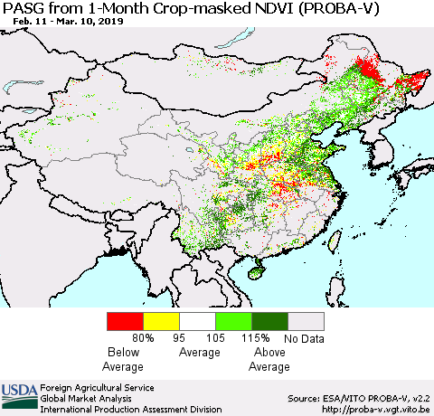 China, Mongolia and Taiwan PASG from 1-Month Crop-masked NDVI (PROBA-V) Thematic Map For 3/1/2019 - 3/10/2019