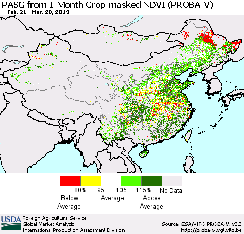 China and Taiwan PASG from 1-Month Crop-masked NDVI (PROBA-V) Thematic Map For 3/11/2019 - 3/20/2019