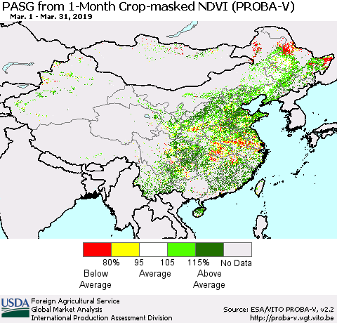 China and Taiwan PASG from 1-Month Crop-masked NDVI (PROBA-V) Thematic Map For 3/21/2019 - 3/31/2019