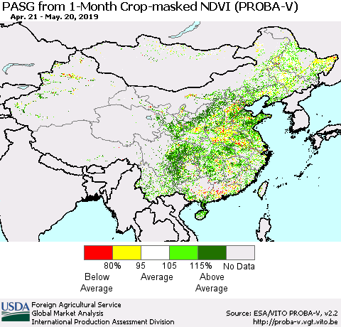 China and Taiwan PASG from 1-Month Crop-masked NDVI (PROBA-V) Thematic Map For 5/11/2019 - 5/20/2019