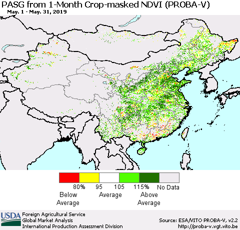 China, Mongolia and Taiwan PASG from 1-Month Crop-masked NDVI (PROBA-V) Thematic Map For 5/21/2019 - 5/31/2019