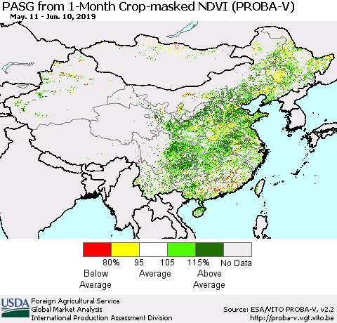 China and Taiwan PASG from 1-Month Crop-masked NDVI (PROBA-V) Thematic Map For 6/1/2019 - 6/10/2019
