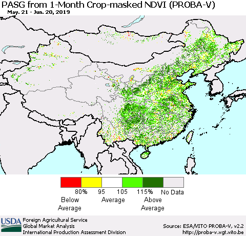 China, Mongolia and Taiwan PASG from 1-Month Crop-masked NDVI (PROBA-V) Thematic Map For 6/11/2019 - 6/20/2019