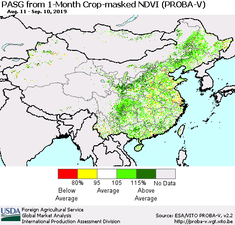 China and Taiwan PASG from 1-Month Crop-masked NDVI (PROBA-V) Thematic Map For 9/1/2019 - 9/10/2019
