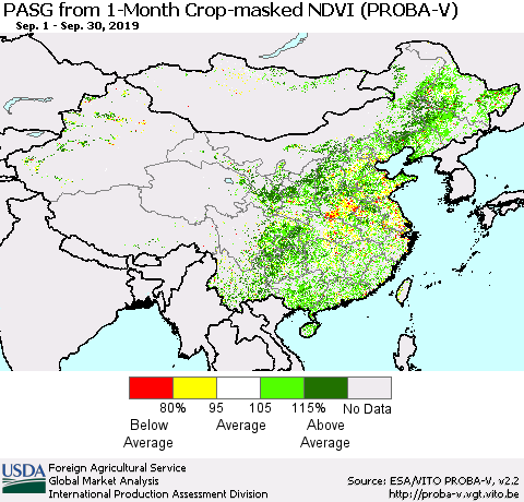 China and Taiwan PASG from 1-Month Crop-masked NDVI (PROBA-V) Thematic Map For 9/21/2019 - 9/30/2019
