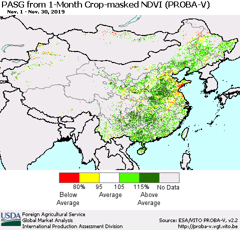 China, Mongolia and Taiwan PASG from 1-Month Crop-masked NDVI (PROBA-V) Thematic Map For 11/21/2019 - 11/30/2019