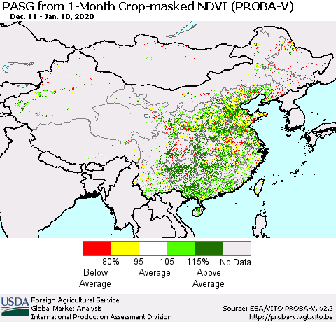 China, Mongolia and Taiwan PASG from 1-Month Crop-masked NDVI (PROBA-V) Thematic Map For 1/1/2020 - 1/10/2020