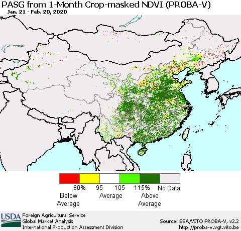 China, Mongolia and Taiwan PASG from 1-Month Crop-masked NDVI (PROBA-V) Thematic Map For 2/11/2020 - 2/20/2020