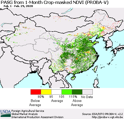 China, Mongolia and Taiwan PASG from 1-Month Crop-masked NDVI (PROBA-V) Thematic Map For 2/21/2020 - 2/29/2020
