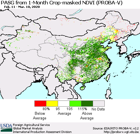 China, Mongolia and Taiwan PASG from 1-Month Crop-masked NDVI (PROBA-V) Thematic Map For 3/1/2020 - 3/10/2020
